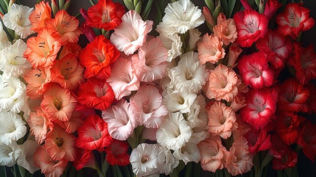 a close up of a bunch of flowers with red and white flowers in the middle of a row of white and red flowers.