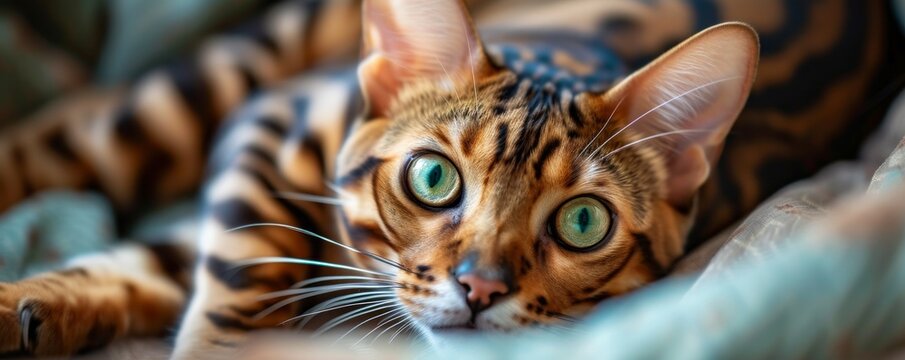 A close-up image captures a Bengal cat looking directly at the camera while in its home environment, showcasing its striking appearance and alert demeanor.