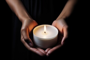 A person carefully holds a lit candle, casting a warm glow in their hands.