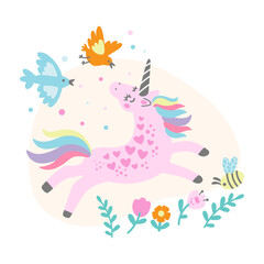 Cute unicorn with birds and flowers vector
