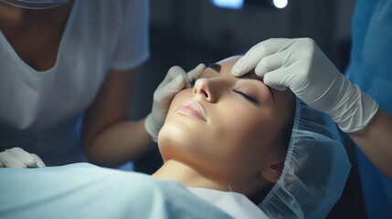Obraz na płótnie Canvas plastic surgery, beauty, Surgeon or beautician touching woman face, surgical procedure that involve altering shape of nose, doctor examines patient nose before rhinoplasty, medical assistance, health