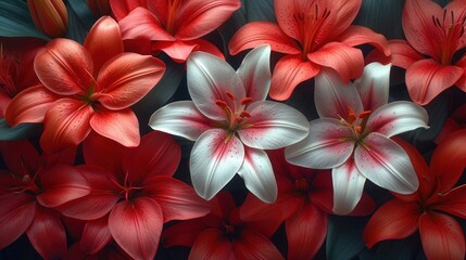 a group of red and white flowers sitting next to each other on top of a bed of green leaves on a bed of red and white flowers.