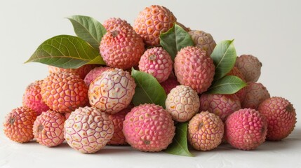 a pile of raspberries with a green leaf on top of the top of the pile of raspberries.