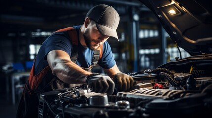 A mechanic in a well-lit garage,  examining an engine under the hood