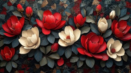 a group of red and white flowers sitting on top of a black and red tile wall next to each other.