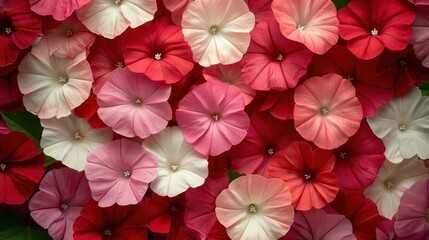 a large group of pink and red petunias with green leaves on the top and bottom of each petunias. - obrazy, fototapety, plakaty