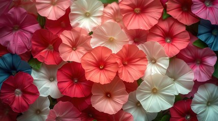 a bunch of pink, white, and blue petunias are arranged in a square pattern on a green surface. - obrazy, fototapety, plakaty