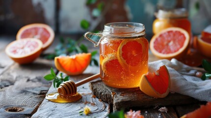Iconic depiction of honey paired with the citrusy goodness of grapefruit, elegantly presented in a glass jar with a wooden spoon dipper - obrazy, fototapety, plakaty