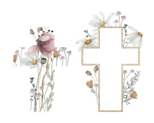 Watercolor Flower Cross Set, perfect for Easter, First Communion, Christening, and Baptism Invitations. Hand drawn isolated illustration - 731051981