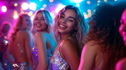 Smiling woman enjoying night out with friends, glittery fashion style at party. vibrant dance floor energy. AI