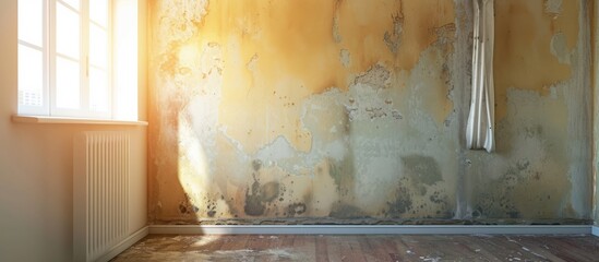 Fototapeta na wymiar The room's damp wall is moldy due to leakage and rainwater.