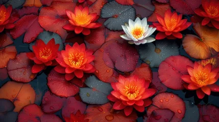 Foto op Canvas a group of water lilies floating on top of a pond filled with red and yellow waterlillies. © Nadia