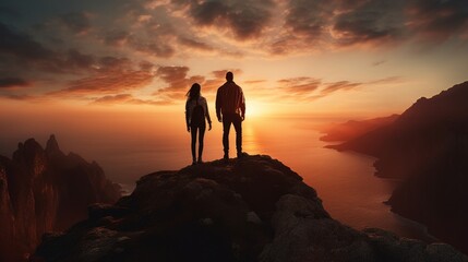 A couple stands atop a cliff, gazing at the sunset.