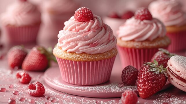 a pink plate topped with cupcakes covered in frosting and topped with raspberries next to other cupcakes.