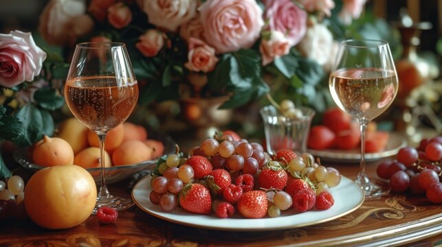 a close up of a plate of fruit on a table with a glass of wine and flowers in the background.