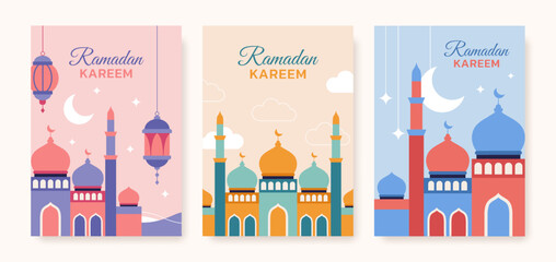 Fototapeta premium Set of Ramadan Kareem poster template, greeting card, cover. Mosque with arabic lanterns and clouds. Vector illustration