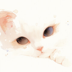 Light watercolor, smiling cute cat, bright, white background, few details, dreamy 