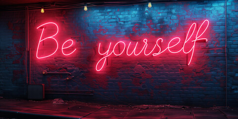 Scritta "Be yourself" ("Sii te stesso") neon su muro. 