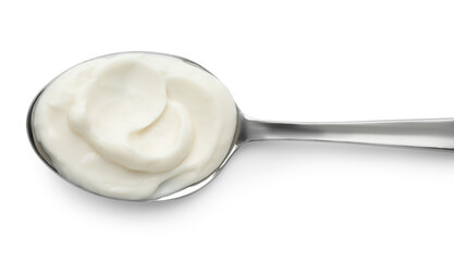 Fototapeta na wymiar Spoon with tasty mayonnaise sauce isolated on white, top view
