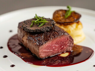 Enjoy the deliciousness of wagyu tenderloin meat. Served in a luxurious style on a white plate.