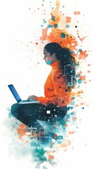 An illustration in flat watercolor style depicts data streaming from a woman using a laptop, showcasing digital connectivity and technology.