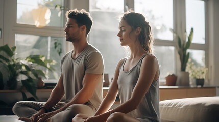Young couple meditating in Lotus position