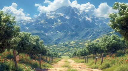 a painting of a dirt road in front of a mountain with trees and flowers on both sides of the road.