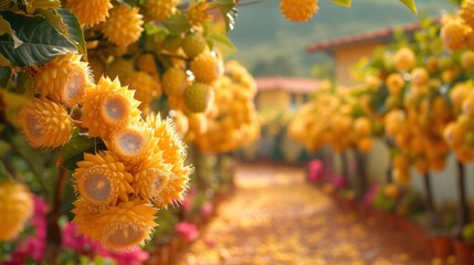 a path lined with lots of yellow flowers next to a lush green forest filled with lots of pink and yellow flowers.