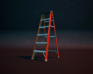 Red aluminium ladder against dark grey background lit by blue and red light. Studio shot. © ysbrandcosijn