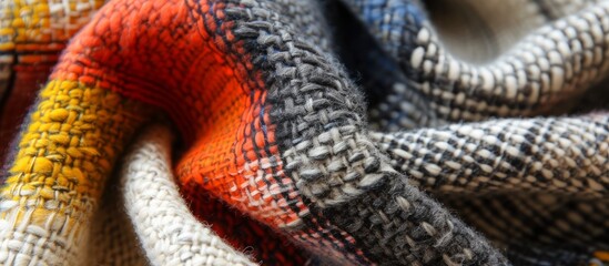 Close up image of a textured, colored plaid fabric made of natural wool.