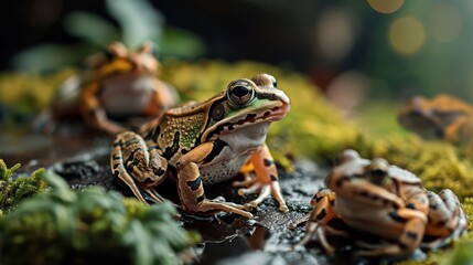 Iconic depiction of miniature frogs in a tiny pond habitat, capturing their intricate patterns and the magical ambiance of their miniature world