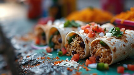 Iconic depiction of miniature burritos, featuring perfectly rolled tiny tortillas with miniature rice, beans, and toppings, presented on a miniature Mexican street food scene