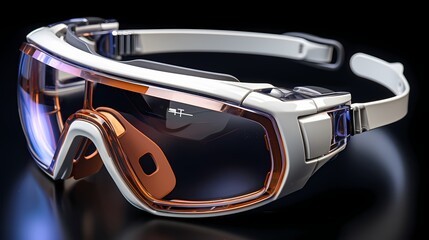 A top view of a futuristic augmented reality glasses with a solid background, demonstrating its sleek design and immersive digital overlays