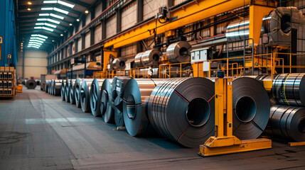 Loading galvanised steel rolls with gantry crane in huge warehouse.