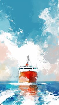 Minimalist abstract digital illustration depicts a watercolor-style drawing of a cruise ship sailing on the sea against a blue sky.