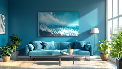 Modern living room interior with blue sofa and sunlight. contemporary decor and design. perfect for real estate ads. relaxing home environment. AI