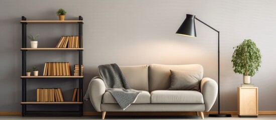 Comfortable grey furniture with wooden shelving unit and black lamp.
