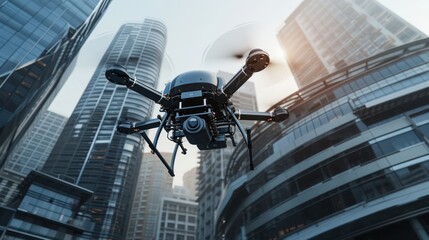 Iconic depiction of online delivery technology featuring a high-speed delivery drone zipping through city skyscrapers, symbolizing the future of efficient logistics - obrazy, fototapety, plakaty