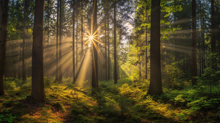 Wald panorama mit Sonnenstrahlen.