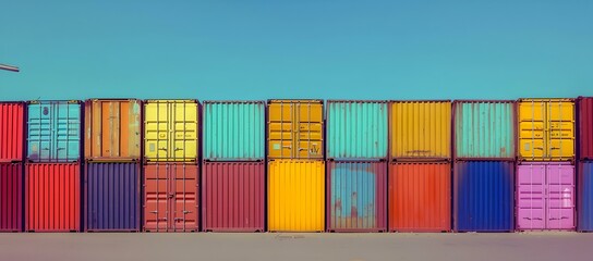 Fototapeta premium Colorful stack of shipping containers under clear blue sky. industrial cargo containers for storage or transport. modern commercial logistics theme. AI