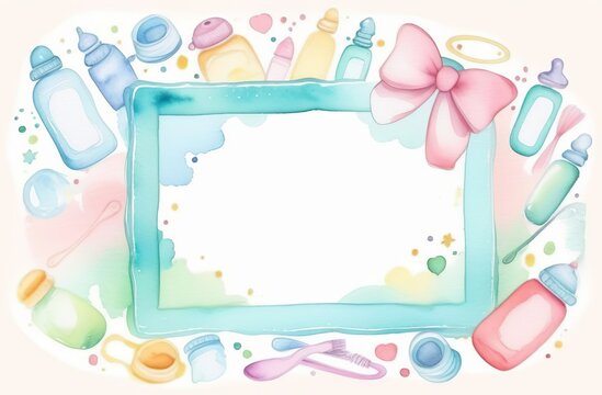 Baby born frame with draw flowers, bow, baby bottle and booties. Watercolor pastel frame mockup, blank border for pregnancy announcement design, name sign, childbirth art presentation template. Blank