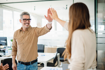 A high-five between colleagues, with mature man and woman, signifies the joy of a well-executed...