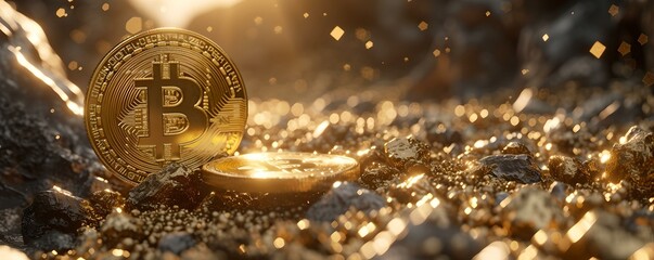 Glowing bitcoin amidst sparkling gems, symbolizing wealth and digital currency. high-resolution finance and technology concept. digital art display for modern markets. AI