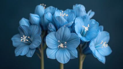 a group of blue flowers sitting next to each other on a blue table cloth with a black background behind them.