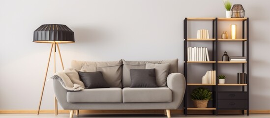 Comfortable grey furniture with wooden shelving unit and black lamp.