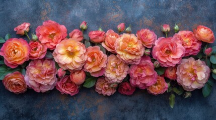 a group of pink and orange flowers on a blue background with green leaves and stems in the center of the picture.