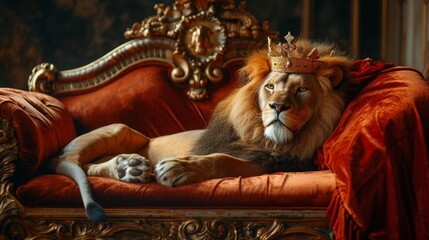 A regal lion reclining on a velvet chaise lounge.