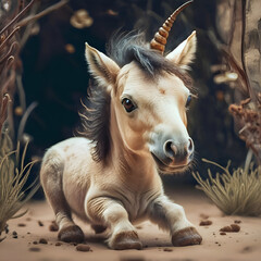 cutest adorable Unicorn baby around forest background. Digital artwork. Ai generated