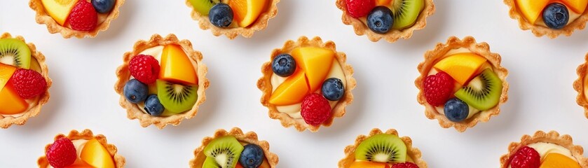 Fruit Tartlets, variety of fruit tartlets arranged in a visually appealing pattern on a white background, background image, generative AI - obrazy, fototapety, plakaty