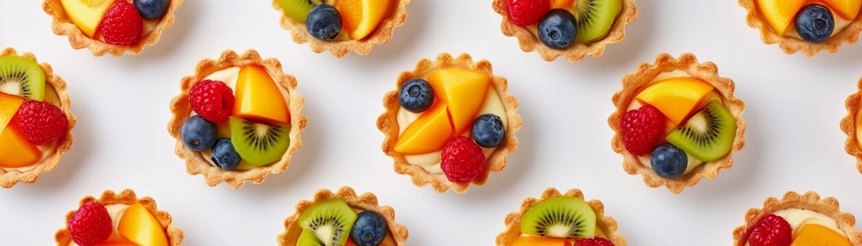 Fruit Tartlets, variety of fruit tartlets arranged in a visually appealing pattern on a white background, background image, generative AI